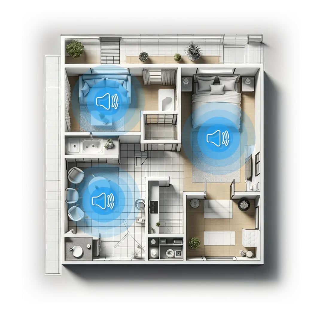 MultiRoom Audio System kann mehrere Räume beschallen. Überblick über die Audio Zonen.